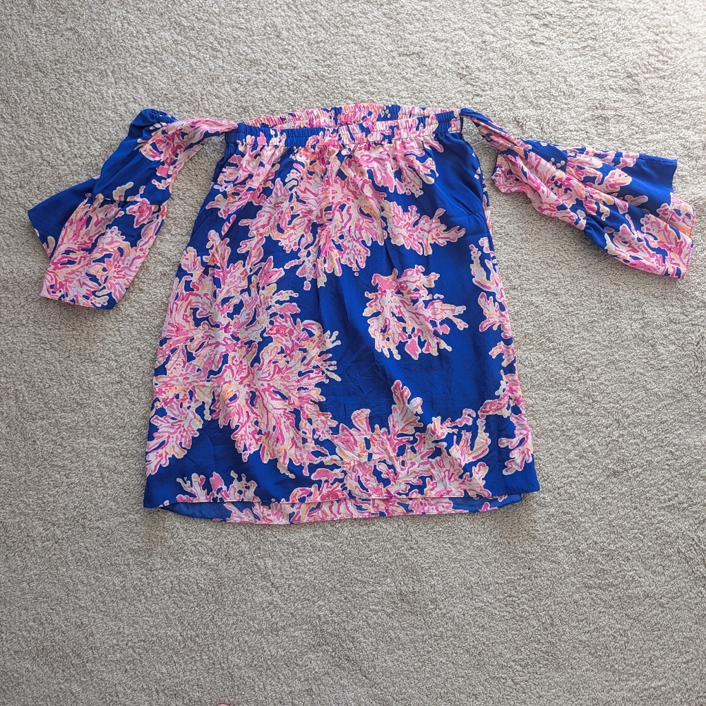 Floral Off-Shoulder Women's Dress - Blue and Pink